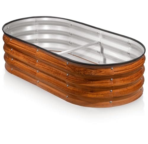 Plant & Plot Galvanized Raised Garden Beds Outdoor // 4×2×1 ft Planter Raised Beds for Gardening, Vegetables, Flowers // Large Metal Garden Box (Dark Wood Grain)