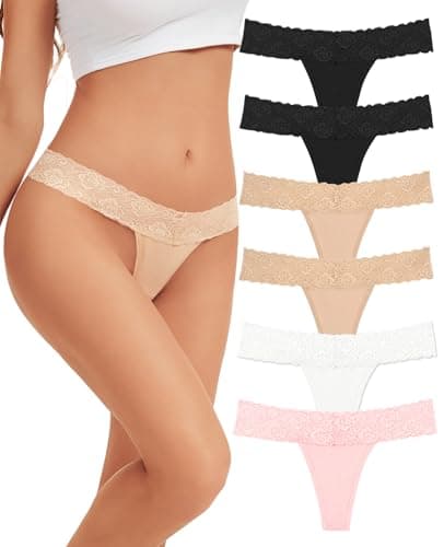 Sunm Boutique Cotton Thongs for Women, Sexy Lace Womens Underwear Pack, Low Rise T-back No Show Ladies Panties (6 Pack, X-Large, Neutral Multicolor)