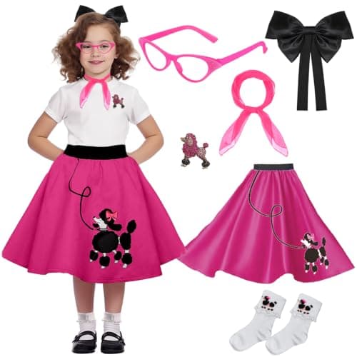 50s Girls Poodle Skirt Sock Hop Outfit, Grease Costume (Hot Pink, 7-10 Yrs)