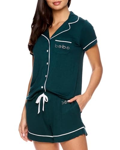bebe Womens Pajamas, Stretch Knit Short Sleeve PJs for Women Set, Ladies Button Down Pajamas Sets (Deep Teal, Large)