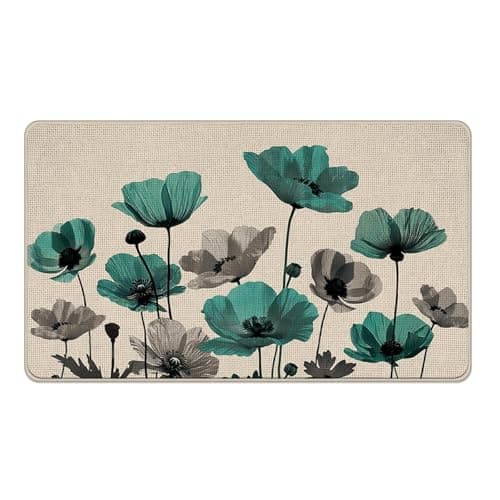 Livcoz Poppy Flower Welcome Front Door Mat, Spring Summer Turquoise Grey