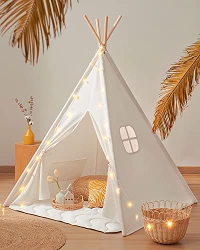 Tiny Land Teepee Tent for Kids – 100% Cotton Play Tent with Padded Mat & Star Lights, Foldable with Carry Bag, Indoor Play Tent for Girls & Boys