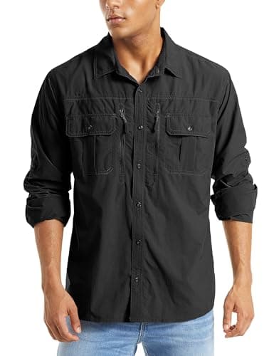 MAGCOMSEN Fishing Shirts for Men Long Sleeve Shirts for Men Work Shirts Hiking Shirt Button Down Shirt Black S