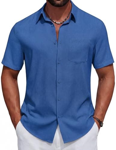 COOFANDY Mens Button Up Shirts Short Sleeve Summer Beach Shirts Casual Shirts for Men Blue