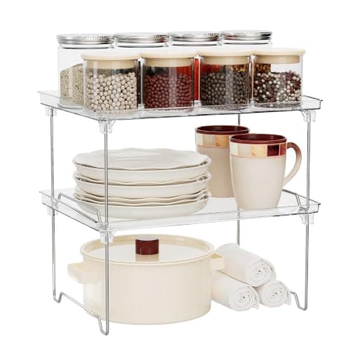 STARLATTA 2 Pcs Cabinet Organizer Shelf, Stackable Kitchen Counter Shelves, Spice Rack,Countertop Organizers, Clear Plastic Storage Shelves Rack for Makeup,Bathroom,Cupboard,Desk,Pantry Organization