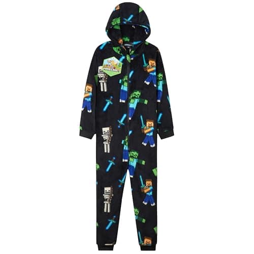 Minecraft Boys Fleece Hooded One-Piece Pajamas, Warm Fleece Hooded Loungewear Suit for Boys - Gifts for Gamers (Black Aop, 11/12 years)