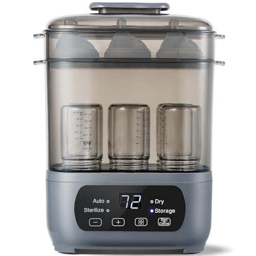 4-in-1 Baby Bottle Steamer and Dryer, Electric Steamer with Fast Drying, Universal Fit for All Bottles, LED Touch Screen & Auto Shut-Off Protection (Grey)