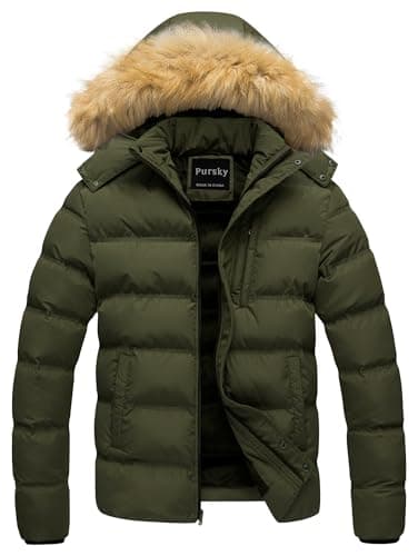 Pursky Men Puffer Jacket With Hood Down Alternative Jacket Insulated Thicken Fur Hooded Parka Army Green S