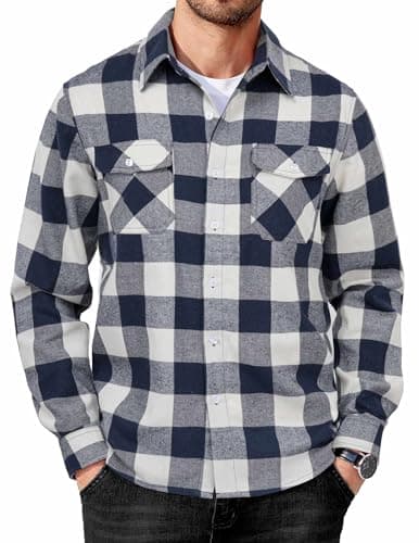 COOFANDY Mens Button Down Shirts Long Sleeve Casual Plaid Flannel Shirt Cotton Shirts Regular Fit Blue-White