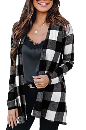Lacozy Women's Open Front Long Cardigan Draped Snap Buffalo Plaid Shirt Kimono Cardigan Knit Sweater 2026 Black White S