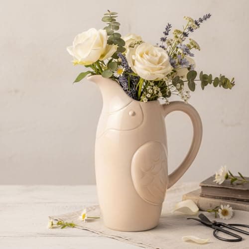 hjn Farmhouse Pitcher Vase for Flowers- White Ceramic Pitcher for Decor White Vase for Your Kitchen/Home Decor/Office/Living Room/Bookshelf/Mantel/-Bird Texture
