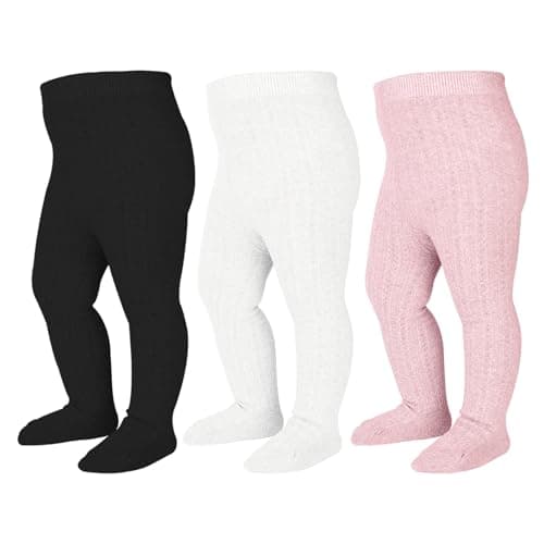 Baby Tights 3-6 Months Girl Cable Knit Tights 3 Pack Baby Leggings Seamless Cotton Stockings Pantyhose for Infants Toddlers (Black+Ivory+Pink, XS)