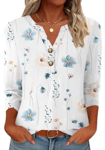 GKBK Womens Tops 3/4 Length Sleeve V Neck Button Down Loose Fit Shirts Business Casual Basic Tees Summer Fashion Cute 2026 Dressy Casual Vacation Travel Blouses Trendy Outfits Flower S