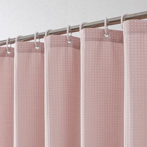 OVZME Extra Long Shower Curtain Set - 84 Inch Long Waffle Weave Heavy Duty Cloth Shower Curtain for Bathroom, Luxury Weighted 230GSM Bath Curtain Set with 12 Plastic Hooks, 72x84, Blush Pink