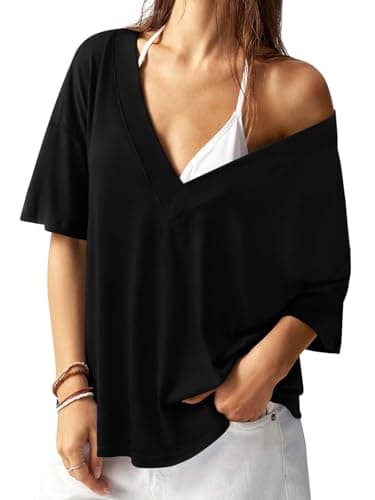 REORIA Women's Trendy Oversized V-Neck T Shirt Short Sleeve Off The Shoulder Contrast Stitching Loose Fit Tops for 2026 Spring Summer Black Medium