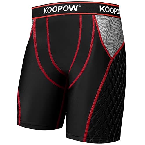 KOOPOW Men Adult Compression Padded Sliding Shorts Pants Baseball Slider with Cup Pocket, Protective Pad Pads for Baseball, Football, Lacrosse, Hockey,Black Red,L