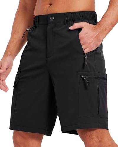 Mens Hiking Cargo Outdoor Shorts 9 inch Lightweight Quick Dry Casual Walking Work Golf Travel Fishing Running Zipper Pockets Black