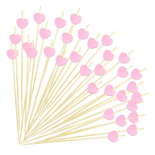 FUGUIR 100 Pcs Pink Heart Cocktail Picks 4.7 Inch Long Fruit Sticks Pink Hearts Toothpicks Bamboo Cocktail Skewers for Wedding Birthday Valentines Day Decoration Party Supplies