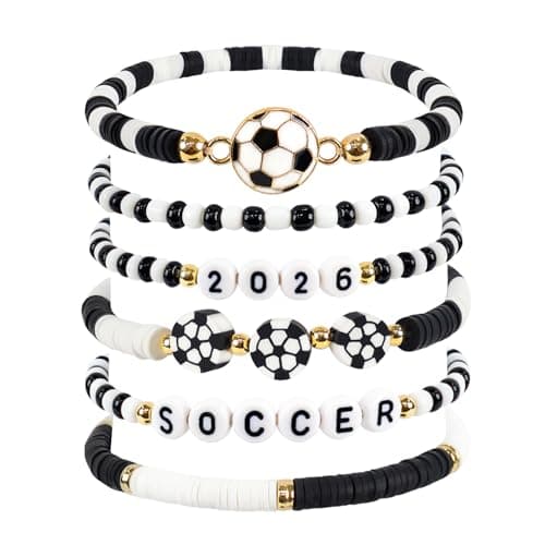 TIFFYONEK Soccer Gifts for Girls Boys Women - 2026 Soccer Bracelets for Game Day - Handmade Black White Heishi Beaded Stretchy Bracelet Stack Jewelry Team Gift for Players Fans, Sports Party Favors