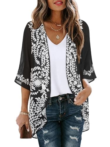 Women's Floral Kimono Cardigan Cover Up Casual Tops,C Black Flower,3XL
