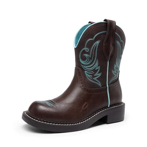 DREAM PAIRS Cowboy Cowgirl Boots for Women, Round Toe Embroidered Mid Calf Western Boots for Work, Country Concerts, Rodeos, Casual Outings,Size 7,Brown,DWUMMB2509