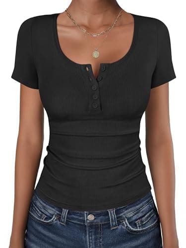 ANRABESS Womens Short Sleeve Henley Shirts Ribbed Slim Fitted Tee Summer Work Tops 2026 Button Blouse Spring Vacation Clothes Black X-Small