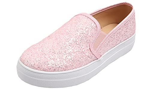 FEVERSOLE Women's Fashion Slip On Sneaker Casual Platform Loafers Glitter Baby Pink Size 8.5 M US