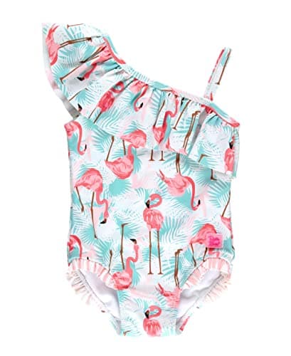 RuffleButts Girls UPF50+ Sun Protection One Shoulder Single Ruffle One Piece Swimsuit - Vibrant Flamingo, 3T