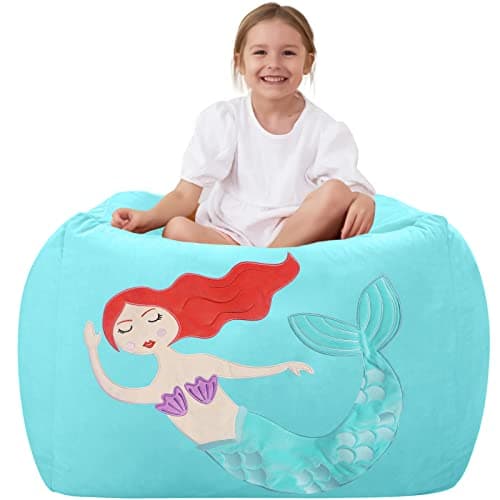 Aubliss Unicorn Stuffed Animal Storage Bean Bag Chair for Kids, Velvet Extra Soft Beanbag Chairs Cover, X-Large Stuffable Zipper Bean Bag for Organizing Plush Toys Girls Bedroom Decor,Cyan