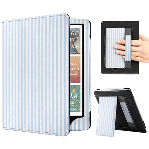 Vane Oak Stand Case for 7"/6.8" Kindle Paperwhite (12th/11th Generation-2024/2021) and Kindle Colorsoft Signature Edition, Slim PU Case with Auto Wake/Sleep & Hand Strap, Blue and White Stripes