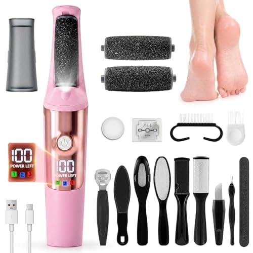 MDMSXXDD Electric Callus Remover for Feet, Rechargeable Electric Foot File with LED Digital Display, IPX7 Waterproof, 17-in-1 Professional Pedicure Kit, 3 Roller Heads & 3 Speeds (Pink)