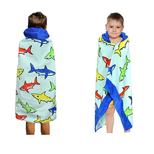 DASHN PRODUCTS Hooded Bath Beach Towel for Kids - Shark - Large 50"x30" Inch Cotton Soft Absorbent with Hood for Toddler, Boys, Girls - Wrap/Bathrobe for Pool, Travel, Camping, Swimming