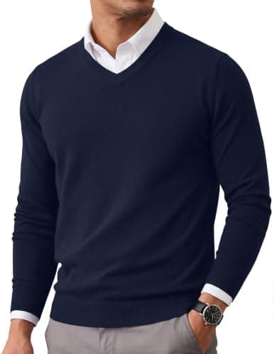 COOFANDY Men's Fitted Sweater V Neck Ribbed Fashion Long Sleeve Winter Pullover Blue