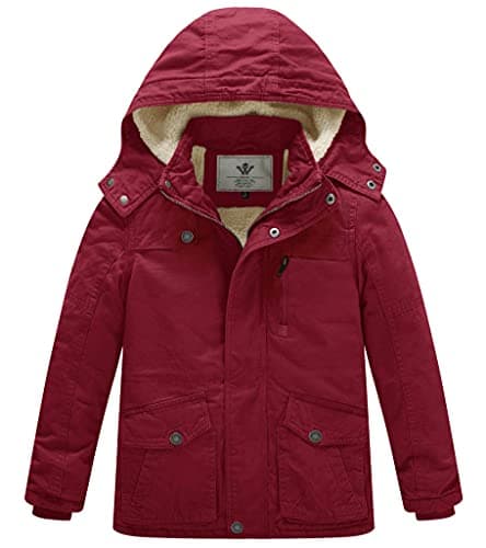 WenVen Boys' Canvas Coat Heavy Thicken Sherpa Lined Jacket (Claret, 8)