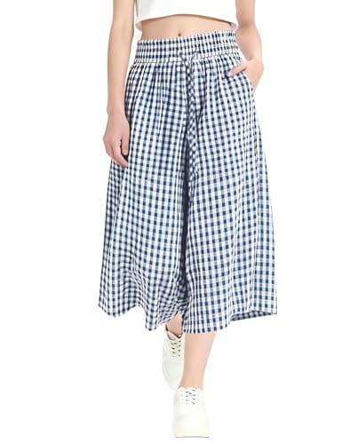 Rapbin Wide Leg Capri Pants for Women Spring Summer Flowy High Waist Gingham Cropped Palazzo Capris Pants with Pockets (Navy Blue White Plaid, M)