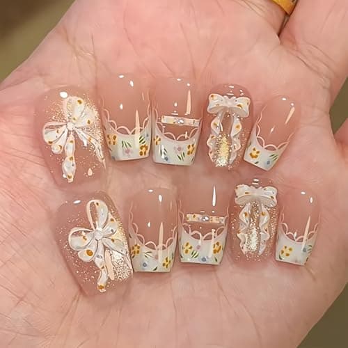 3D Bow Press on Nails Short Coffin Fake Nail with Yellower Flower Designs Reusable Acrylic False Nails Press ons White French Tip Glue on Nail Cat Eye Stick on nail for Women 24 Pcs