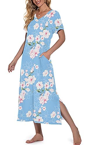 PrinStory Nightgowns for Women Long Nightshirt Short Sleeve House Dress