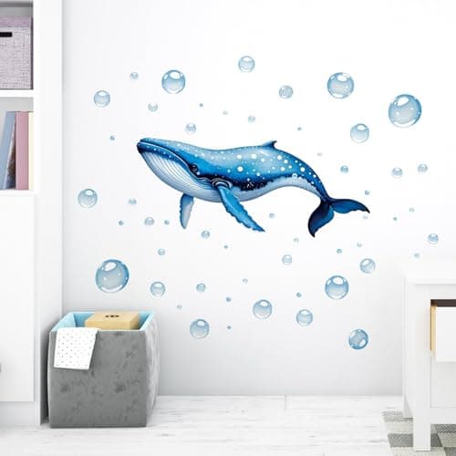 fufuquare Blue Whale with Bubbles Wall Stickers, Under The Sea Peel and Stick Wallpaper Wall Art Mural Decor for Kids, Teens Bedroom, Home, Bathroom, Bathtub