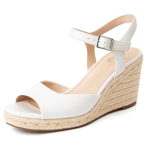 Soesyi Women's Wedge Platform Sandals Braided Espadrilles Ankle Strap Open Toe Buckle Sandals Comfortable Summer Shoes,Size 08，White