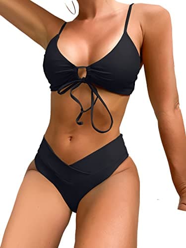 SherryDC Women's Cheeky V Cut Bikini Set Sexy 2 Piece Swimsuit String High Cut Bathing Suit Black