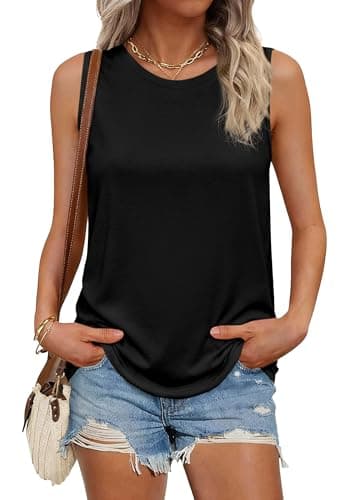 PRETTYGARDEN Tank Tops for Women 2026 Summer Sleeveless Wide Strap Tops Spring Fashion Casual Flowy Loose Fit Workout Shirts (Black,Large)