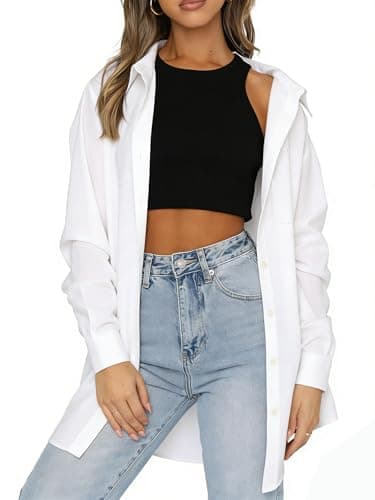 Lacozy Long Sleeve Button Down Shirts Women 2026 Casual Cotton Business Work Blouses Spring Oversized Shirt Tops White S