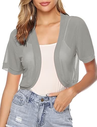 Aiboria Women Shrug Open Front Mesh Cropped Bolero Short Sleeve Sheer Cardigan Grey XX-Large