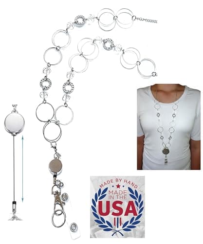 Hidden Hollow Beads Retractable Badge Reel, Women's Stainless Steel Lanyard, Strong ID Card Holder, Keys Teacher Nurse Cruise Keychain (Crystal & Rings)
