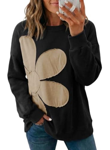 Dokotoo Womens Sweatshirt Long Sleeve Crew Neck Pullover Casual Lightweight Soft Sweatshirts Loose Pullover Tops Floral Clothes Black XX-Large