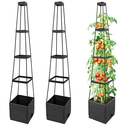 SYITCUN Tomato Planter with Trellis, 57 Inch Self-Watering Planter Box 2-Pack, Grey Planter with Metal Support for Outdoor Indoor Climbing Plants