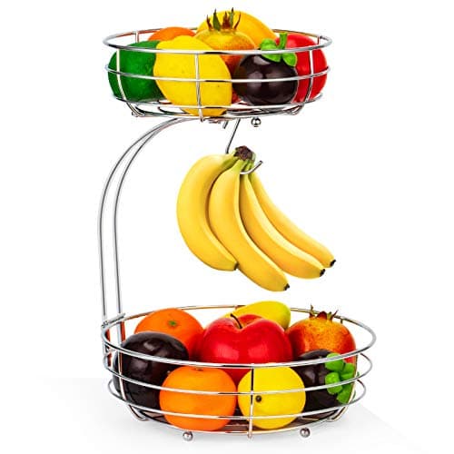 Auledio 2-Tier Countertop Fruit Vegetables Basket Bowl Storage With Banana Hanger,Chrome