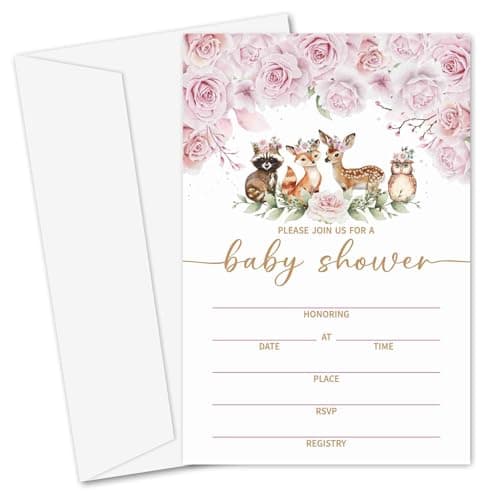 Yuansail Pink Floral Woodland Animals Baby Shower Invitation Cards, Fill In Invites Cards, 25 Pcs 4x6 Inches Cards And Envelopes -04