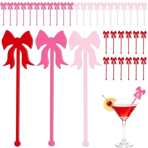 36 Pcs Coquette Bow Drink Stirrers, Acrylic Cocktail Stick Swizzle Sticks for Bachelorette Party Coquette Birthday Girly Ribbon Party Wedding Girls Bridal Decoration(Pink, Red and Rose Red)