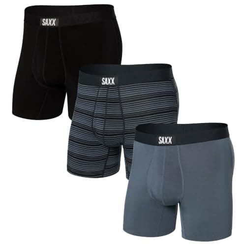 SAXX Underwear Co. Men's Ultra Super Soft Boxer Brief Fly 3-Pack, Shadow Stripe/Dark Grey/Black, Small